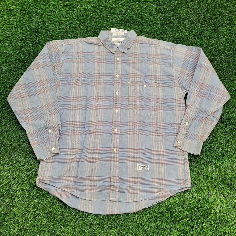 VTG 90s LEVIS Plaid Button Shirt Large Athletic Fit Pale Blue Western Poplin